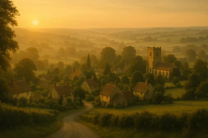 An English village in a valley at golden hour